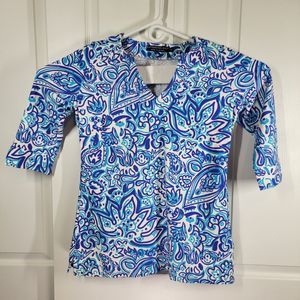 Katherine Way Womens MED Boca Tunic Top Blue Paisley on White UPF 50+ EUC